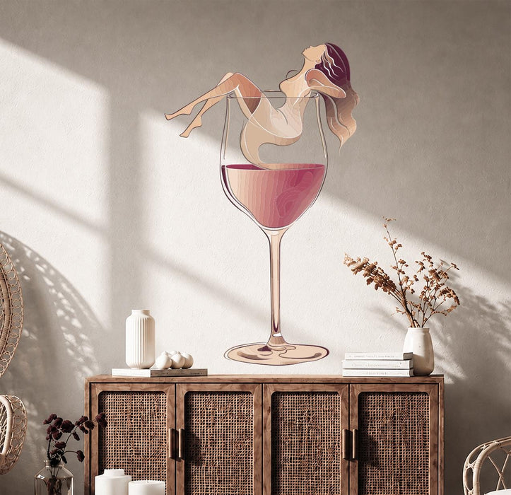 Colorful Wall Decal Girl And Glass Of Wine Vinyl Art z5686