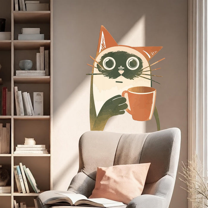 Colorful Wall Art Cat With Cup of Coffee Vinyl Mural z5654