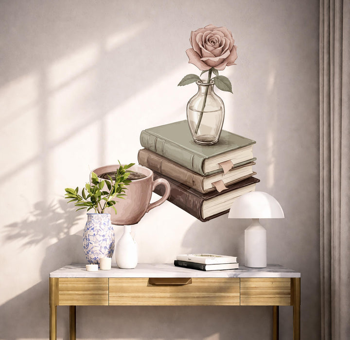 Colorful Book Flower And Coffee Vinyl Decal z5691