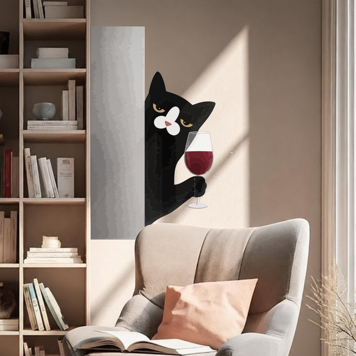 Colorful Wall Art Cat With Glass of Wine Vinyl Mural z5659