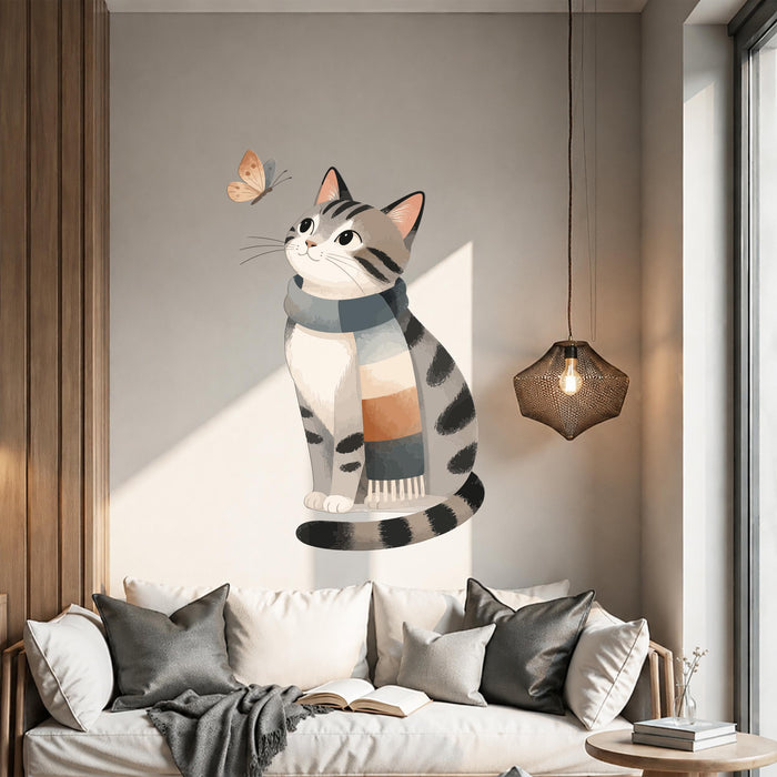 Colorful Wall Art Cat in Scarf Butterfly Vinyl Decal z5666