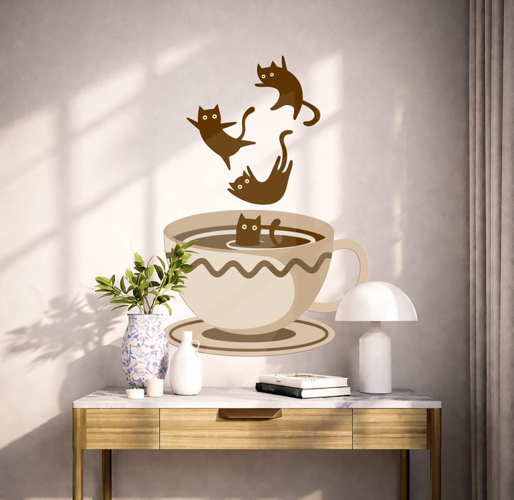 Colorful Cat Kitty Jumping Cup Of Coffee  Wall Decal z5704