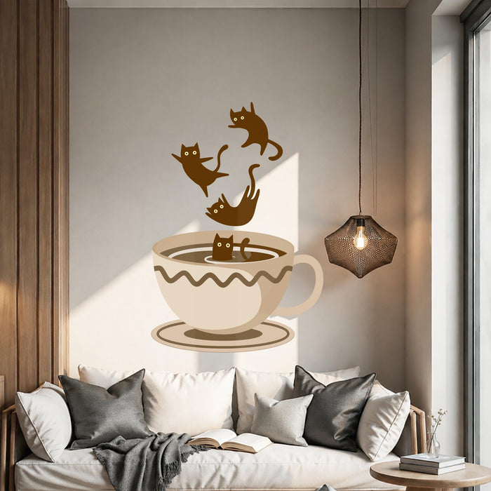 Colorful Cat Kitty Jumping Cup Of Coffee  Wall Decal z5704