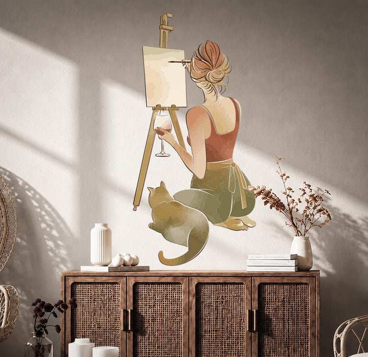Colorful Wall Decal Girl And Cat Painting Vinyl Art z5679