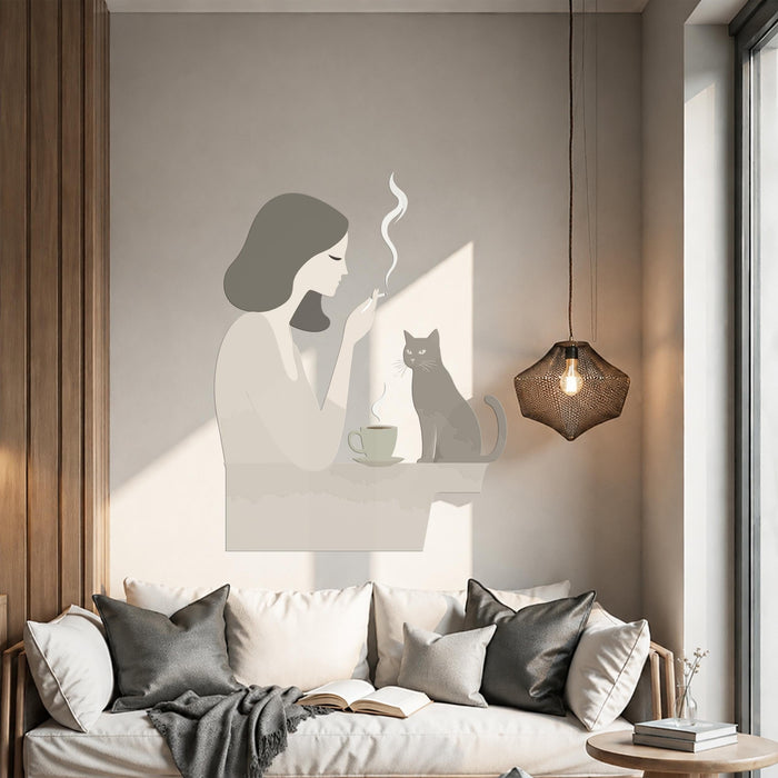 Colorful Girl Cat And Coffee Wall Decal z5717