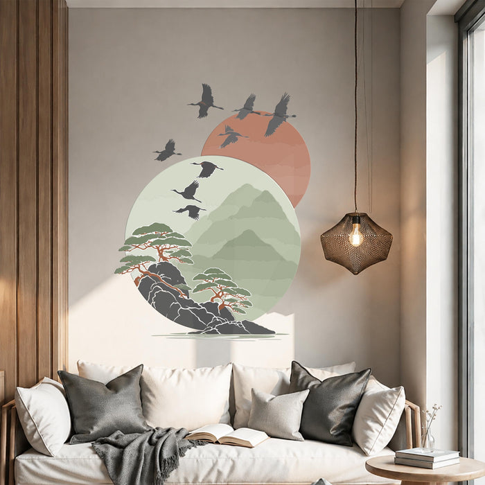 Colorful Sun Birds Tree Sage Green Wall Decal z5729
