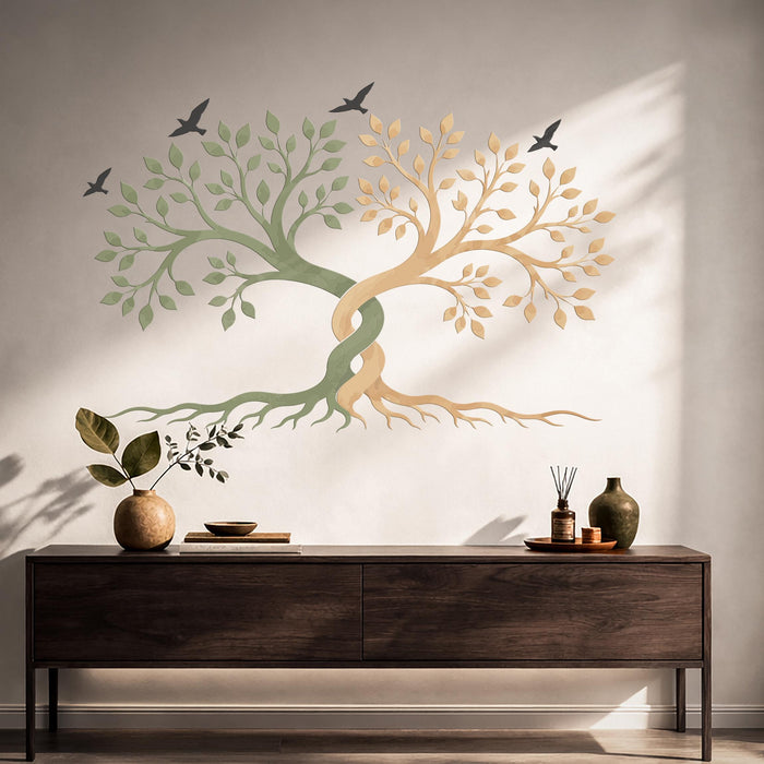 Colorful Tree Birds Sage Green Natural Oak  Wall Decal z5731