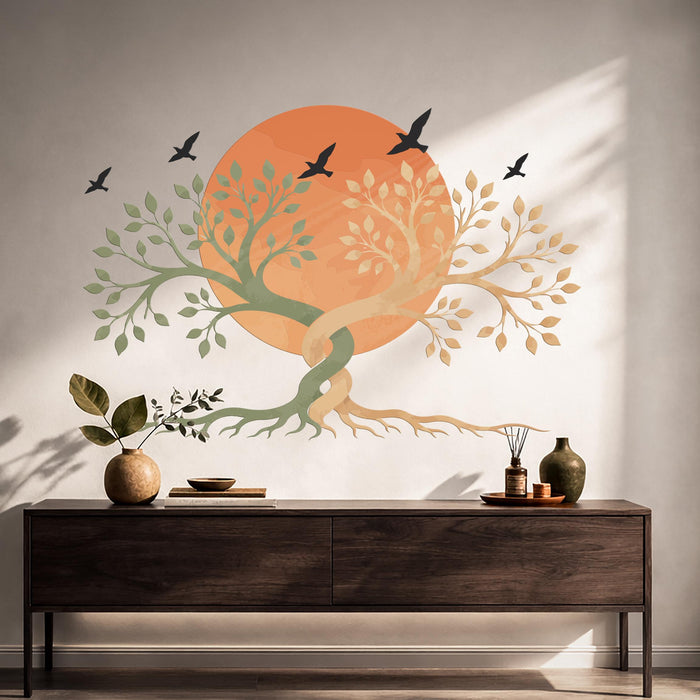 Modern Tree Birds Sun Sage Green Terracotta Wall Decal z5732