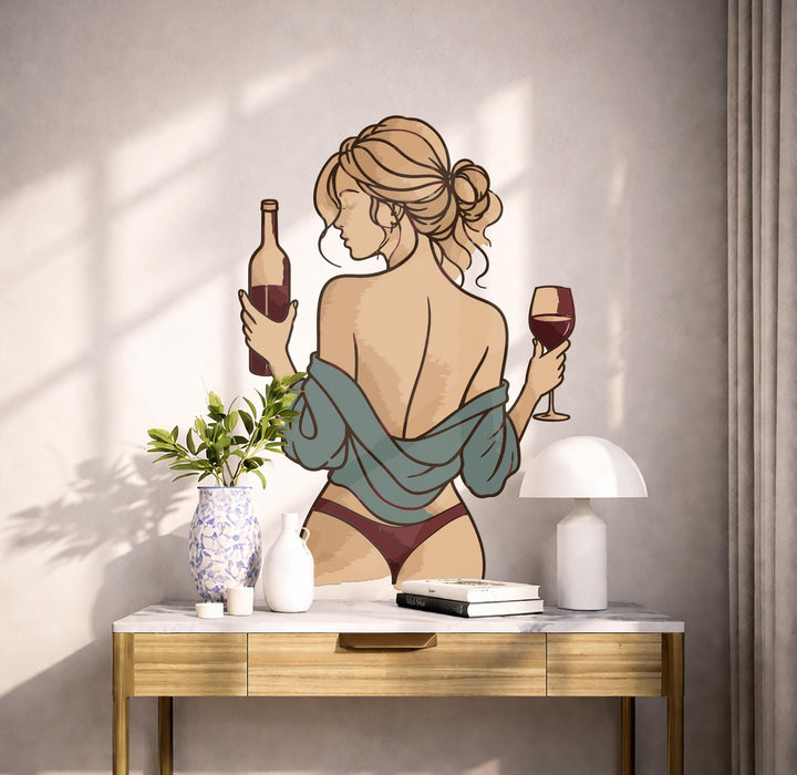 Colorful Wall Decal Sexy Girl And Glass Of Wine Vinyl Art z5705