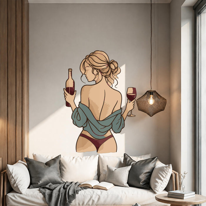 Colorful Wall Decal Sexy Girl And Glass Of Wine Vinyl Art z5705