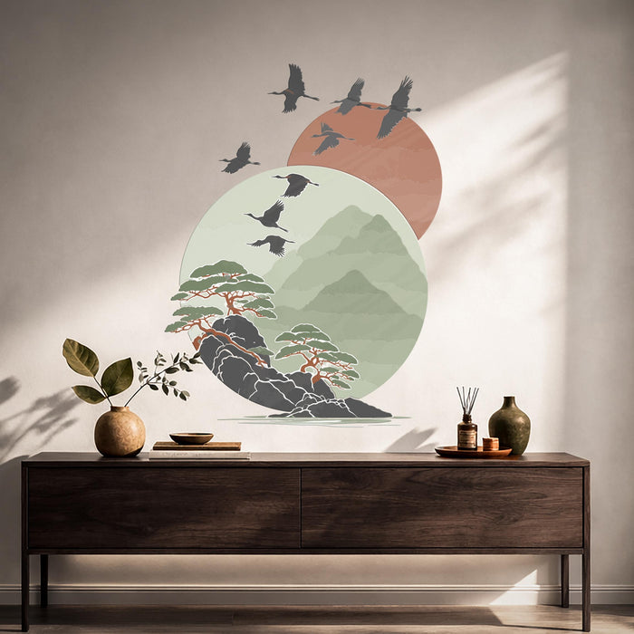 Colorful Sun Birds Tree Sage Green Wall Decal z5729