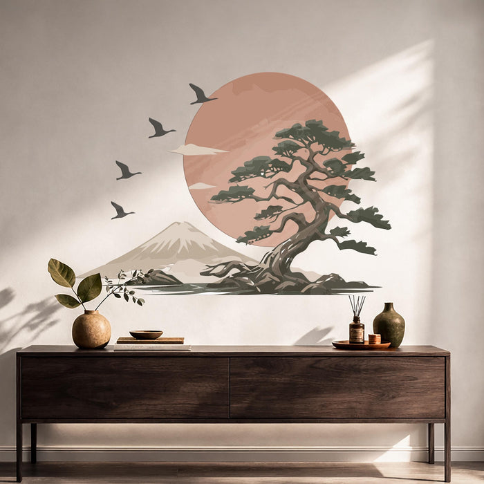 Colorful Sun Birds Tree Mountains Terracotta Wall Decal z5730