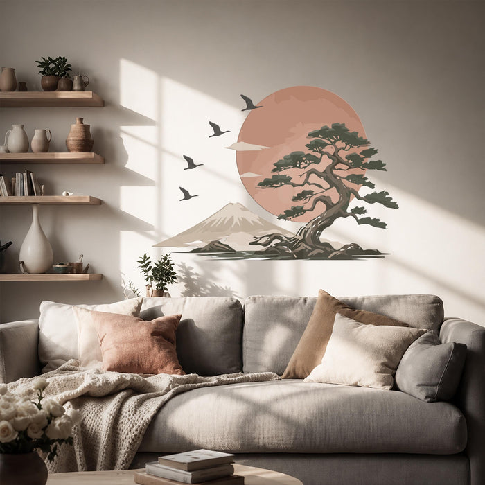 Colorful Sun Birds Tree Mountains Terracotta Wall Decal z5730