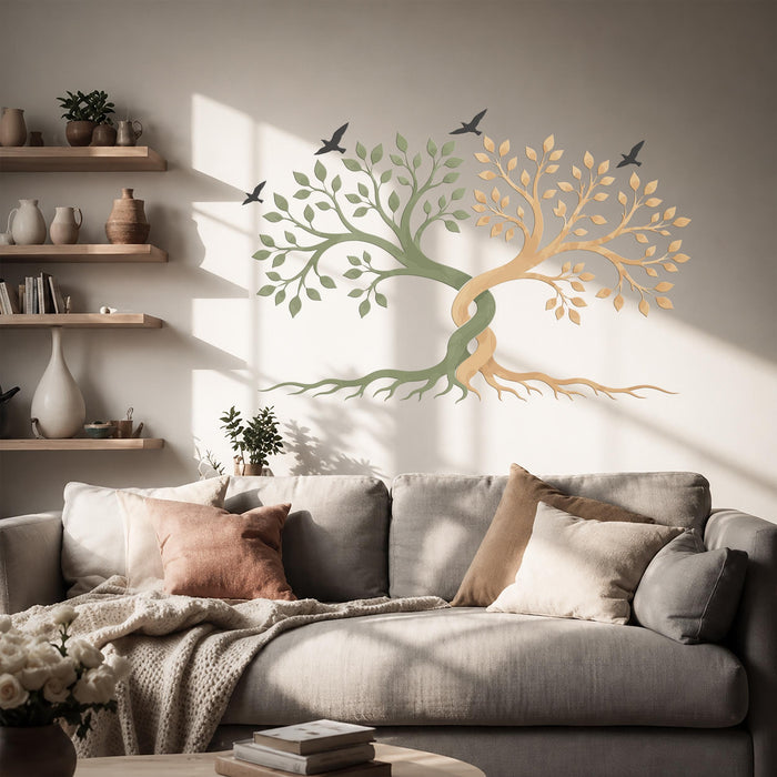 Colorful Tree Birds Sage Green Natural Oak  Wall Decal z5731