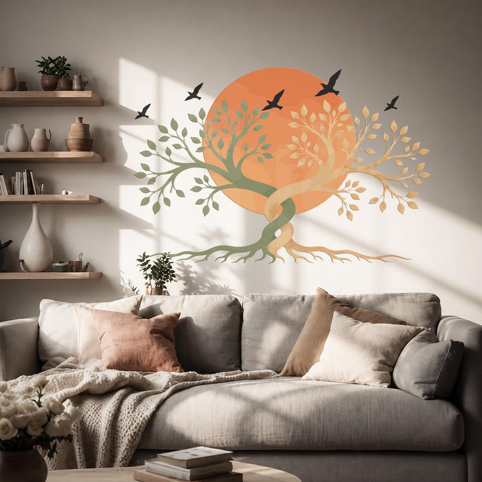 Modern Tree Birds Sun Sage Green Terracotta Wall Decal z5732