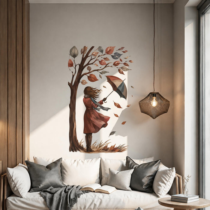 Colorful Girl Umbrella Tree Leaves Fall Wall Decal z5792