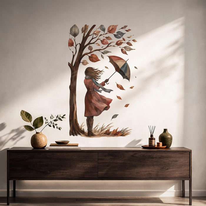 Colorful Girl Umbrella Tree Leaves Fall Wall Decal z5792