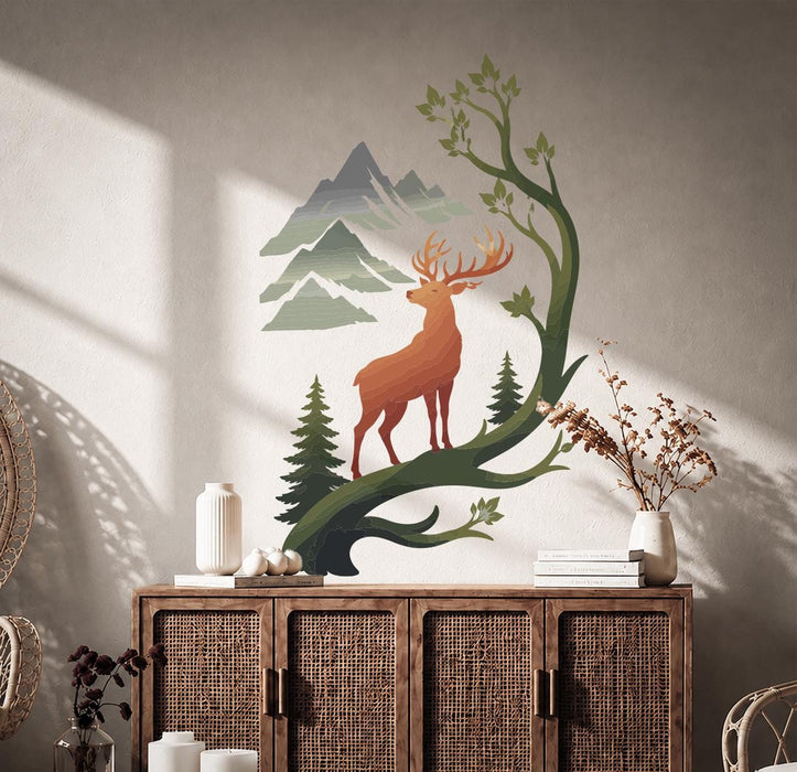 Colorful Deer Tree Mountains Wall Decal z5859