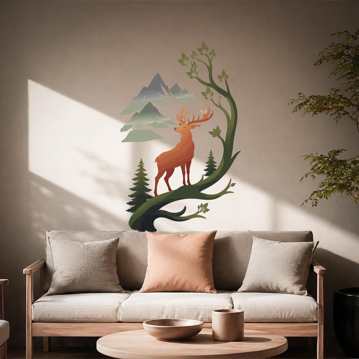 Colorful Deer Tree Mountains Wall Decal z5859
