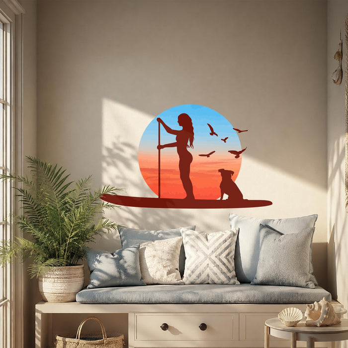 Colorful Coastal Paddleboarding Girl Dog Birds Wall Decal z5724