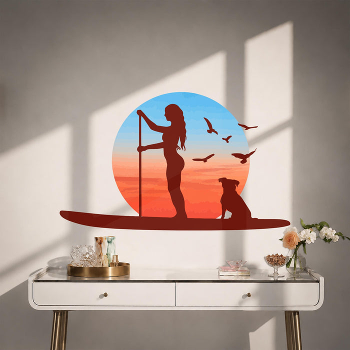 Colorful Coastal Paddleboarding Girl Dog Birds Wall Decal z5724