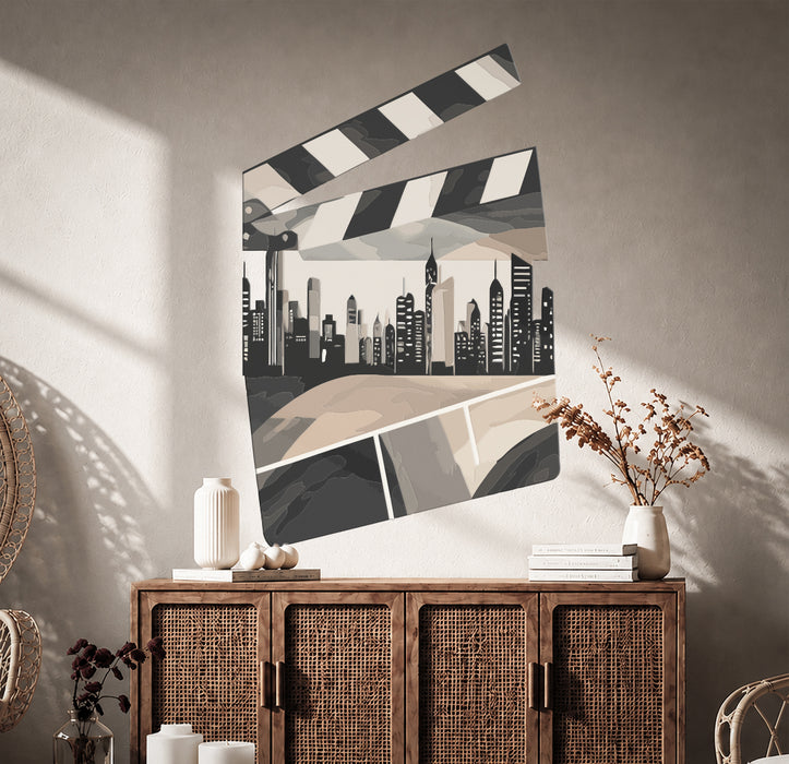 Film clapperboard and city skyline wall decal in a modern living room