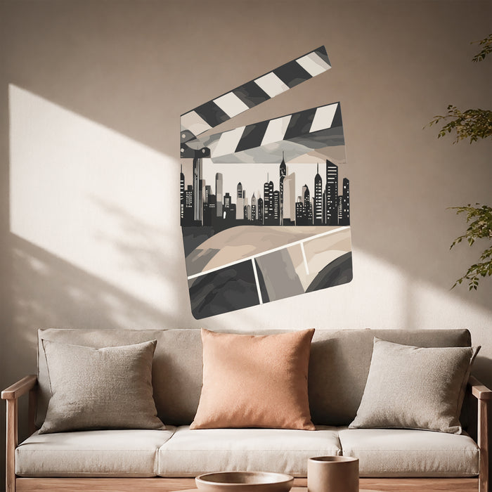 Film clapperboard and city skyline wall decal in a Japandi interior