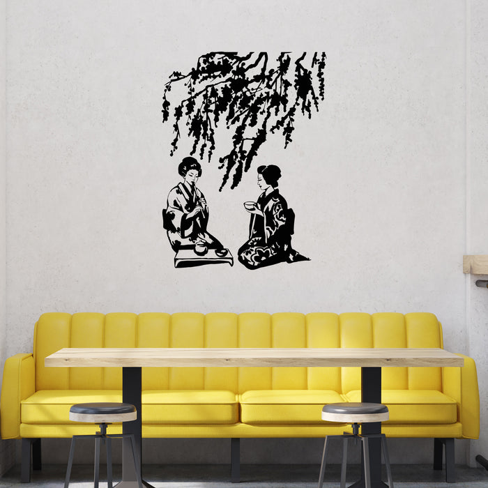 Vinyl Wall Decal Sexy Geisha Tea Ceremony Japanese Tradition Sakura Tree Nature Stickers Unique Gift (708ig)