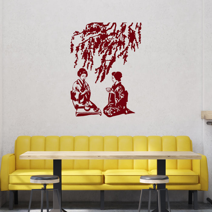 Vinyl Wall Decal Sexy Geisha Tea Ceremony Japanese Tradition Sakura Tree Nature Stickers Unique Gift (708ig)