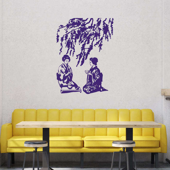 Vinyl Wall Decal Sexy Geisha Tea Ceremony Japanese Tradition Sakura Tree Nature Stickers Unique Gift (708ig)