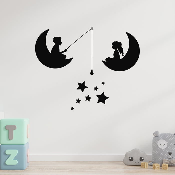 Vinyl Wall Decal Girl With Boy Fishing On Moon Crescent Nursery Decor Stickers Mural (L025)