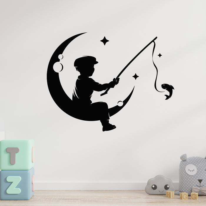 Vinyl Wall Decal Silhouette Children's Fishing Hobby Fischer Moon Crescent Stickers Mural (g9580)