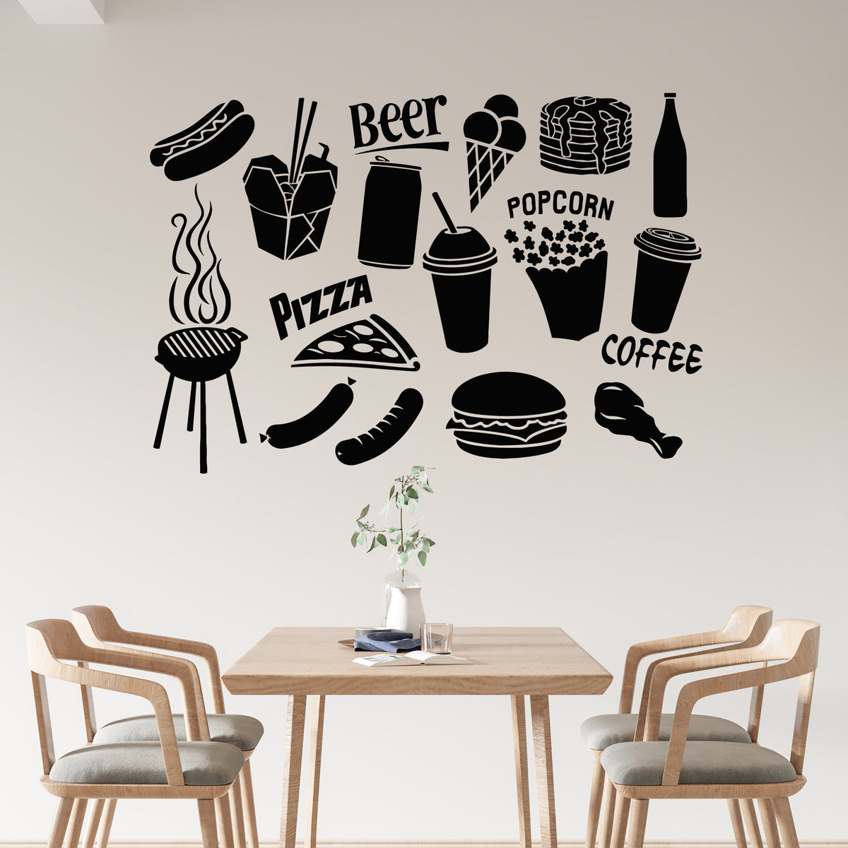 Food Decals Vinyl Wall Decal Fast Food Icons Burger Pizza Popcorn Coffee Stickers ...