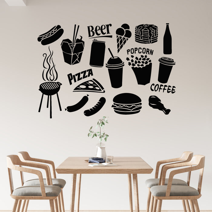 Vinyl Wall Decal Fast Food Icons Burger Pizza Popcorn Coffee Stickers Mural (g9044)