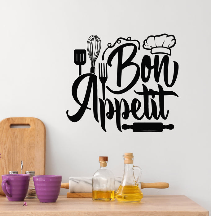 Vinyl Wall Decal Lettering Bon Appetit Kitchen Phrase Rolling Pin Stickers Mural (g8523)