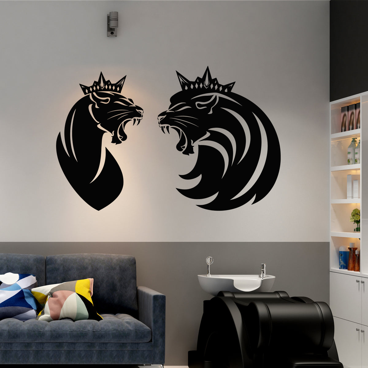 Vinyl Wall Decal Roaring Lion King Royal Crown And Queen Lioness Head ...