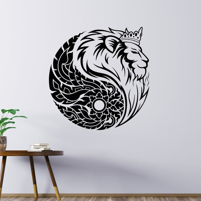 Vinyl Wall Decal Lion Head King Crown Yin Yang Symbol Power Stickers Mural (g8821)