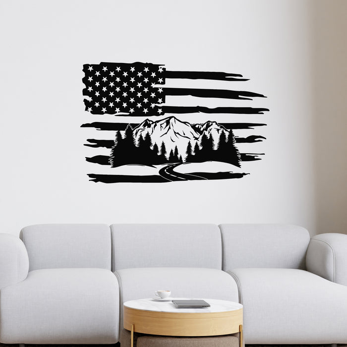 Vinyl Wall Decal Nature Illustration Mountains Forest USA Flag Stickers Mural (g9505)