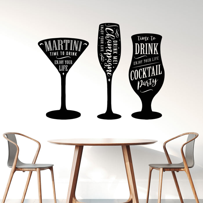 Vinyl Wall Decal Champagne Martini Lettering Time To Drink Stickers Mural (g9833)
