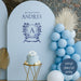 Spanish “Mi Bautizo Andres” vinyl decal in blue with crest monogram for baptism backdrop decoration