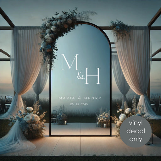 Custom wedding vinyl decal monogram with names and date on mirror welcome sign