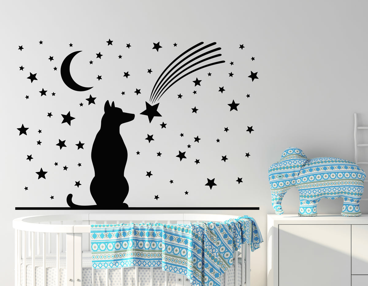Vinyl Wall Decal Dog Moon Stars Falling Star Bedroom Art Stickers Mura ...
