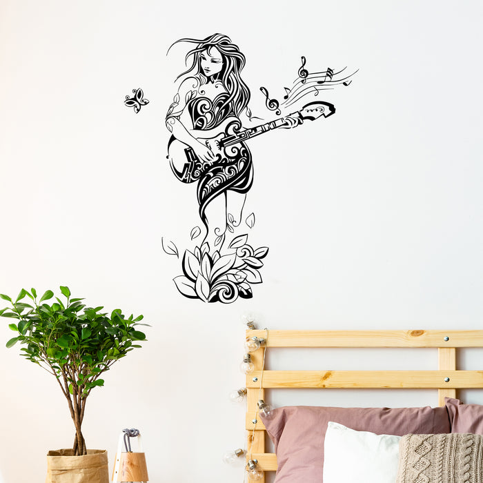 Vinyl Wall Decal Sexy Girl Musician Guitar Guitarist Hippie Nature Stickers Unique Gift (852ig)