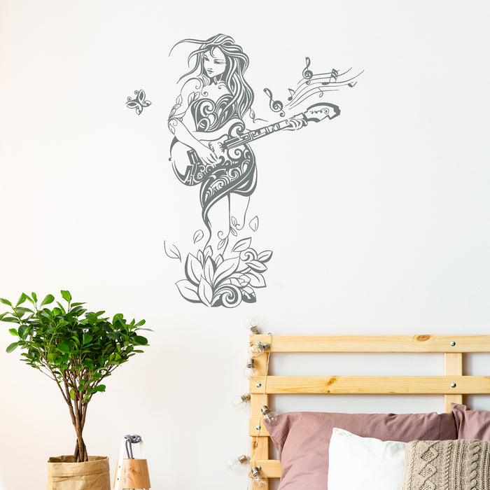 Vinyl Wall Decal Sexy Girl Musician Guitar Guitarist Hippie Nature Stickers Unique Gift (852ig)