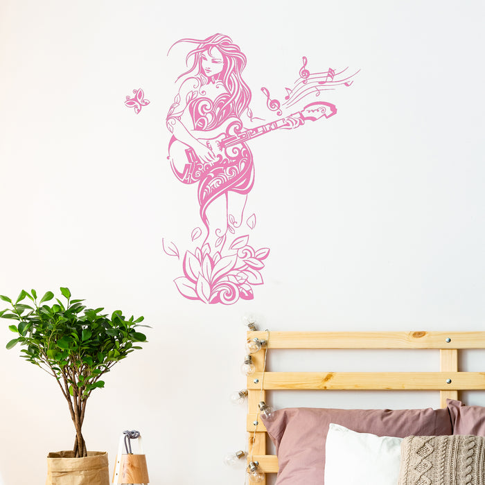 Vinyl Wall Decal Sexy Girl Musician Guitar Guitarist Hippie Nature Stickers Unique Gift (852ig)