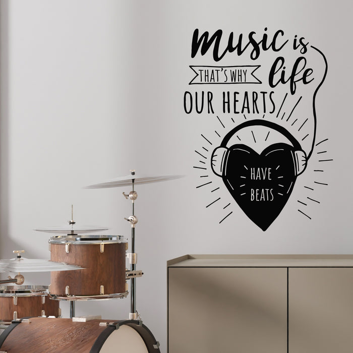 Vinyl Wall Decal Listening Music Is Life Quote Heart Beat Headphones Stickers Mural (g9074)