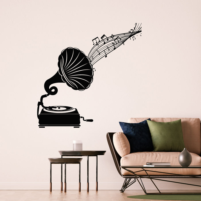 Vinyl Wall Decal Musical Notes Old Gramophone Vintage Retro Music Stickers Mural (g9258)