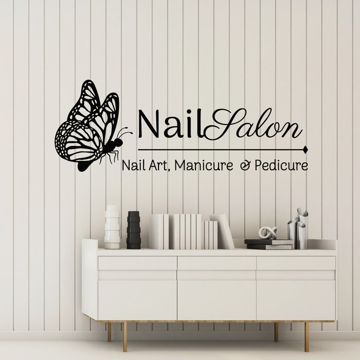 Vinyl Wall Decal Butterfly Lettering Nail Salon Manicure Pedicure Stickers Mural (g8726)