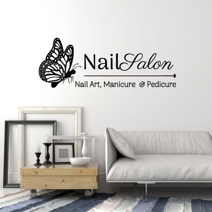 Vinyl Wall Decal Butterfly Lettering Nail Salon Manicure Pedicure Stickers Mural (g8726)