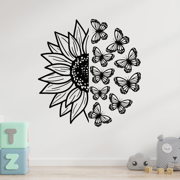 Vinyl Wall Decal Sunflower And Butterflies Patterns Beauty Nature Stickers Mural (g9661)